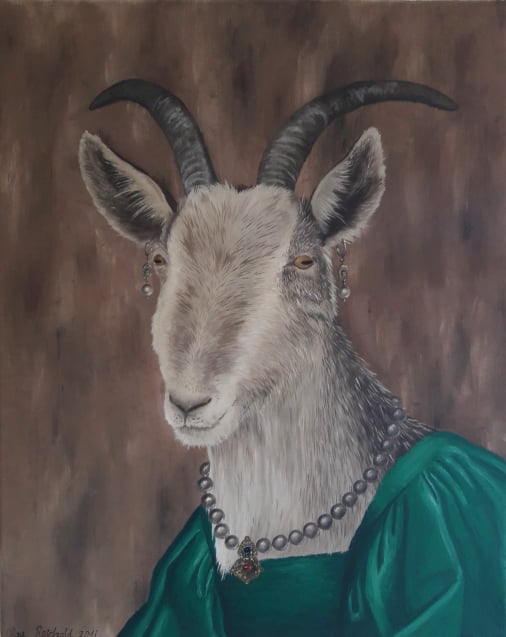 Ziege mit Ohrringen Ölbild Olga Reichold
