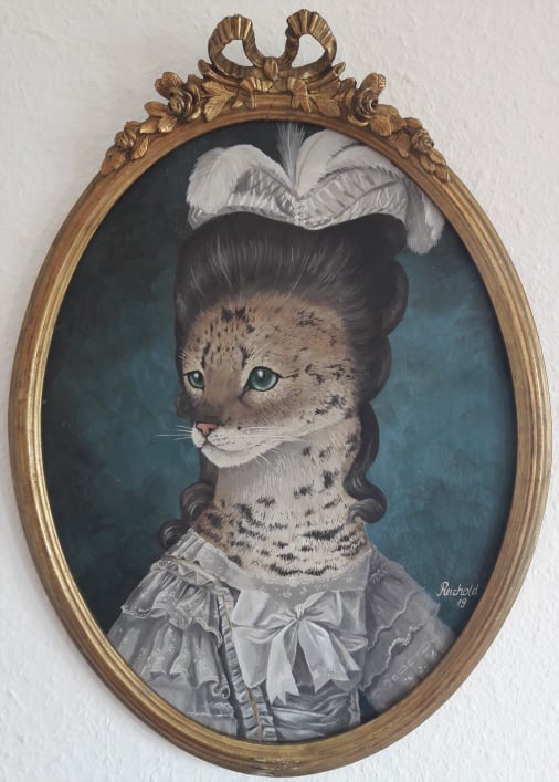 Katze mit Seidenkleid Ölbild Olga Reichold