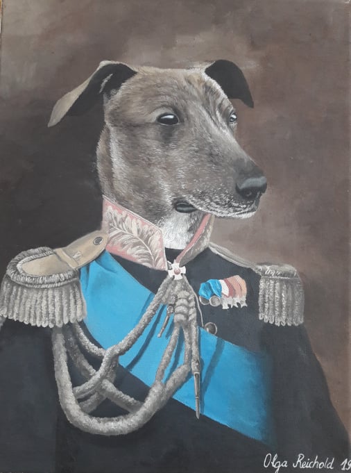 Hund im Anzug Ölbild Olga Reichold