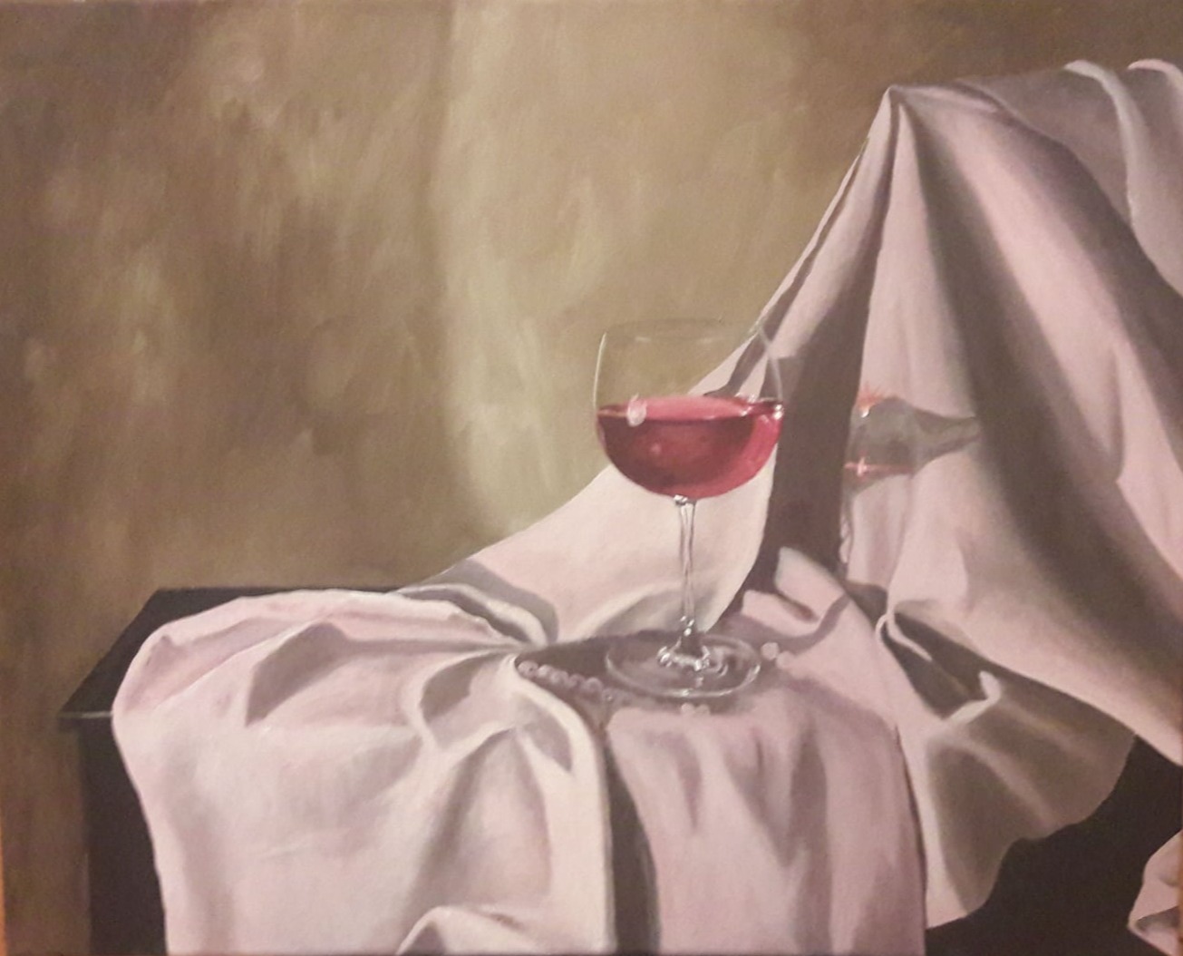 Stillleben Öl Stoff Perlenkette Wein Olga Reichold