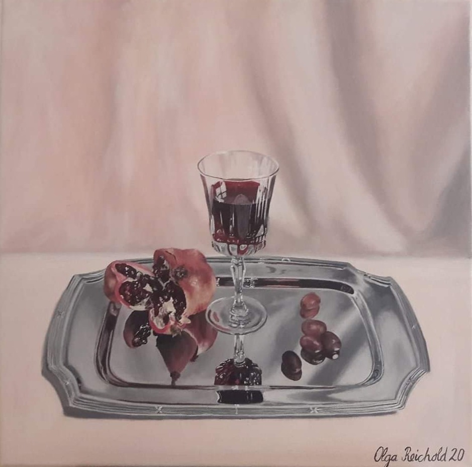 Stillleben Granatapfel Wein Trauben Olga Reichold