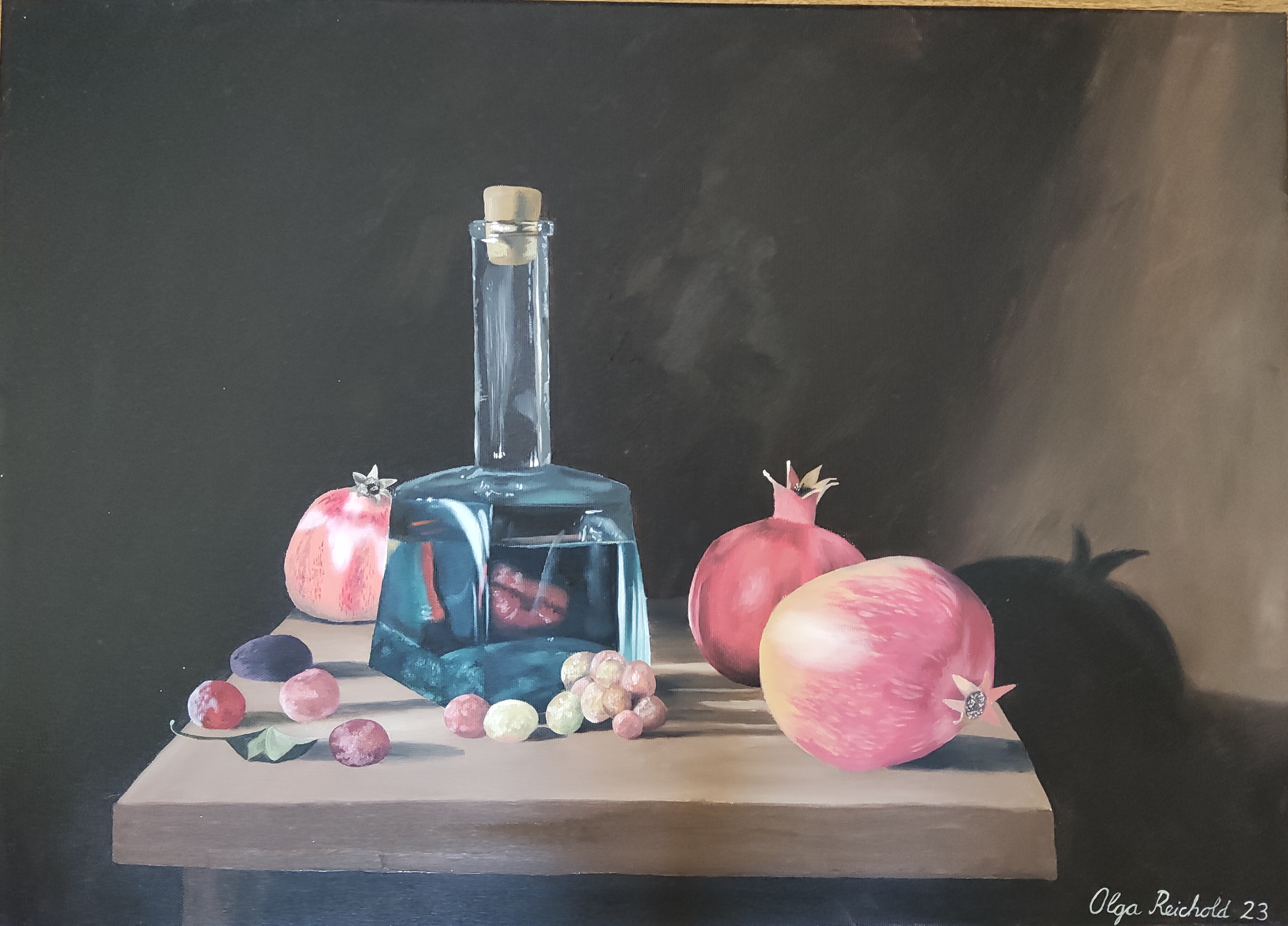 Stillleben Granatäpfel Wasser Trauben Öl Olga Reichold