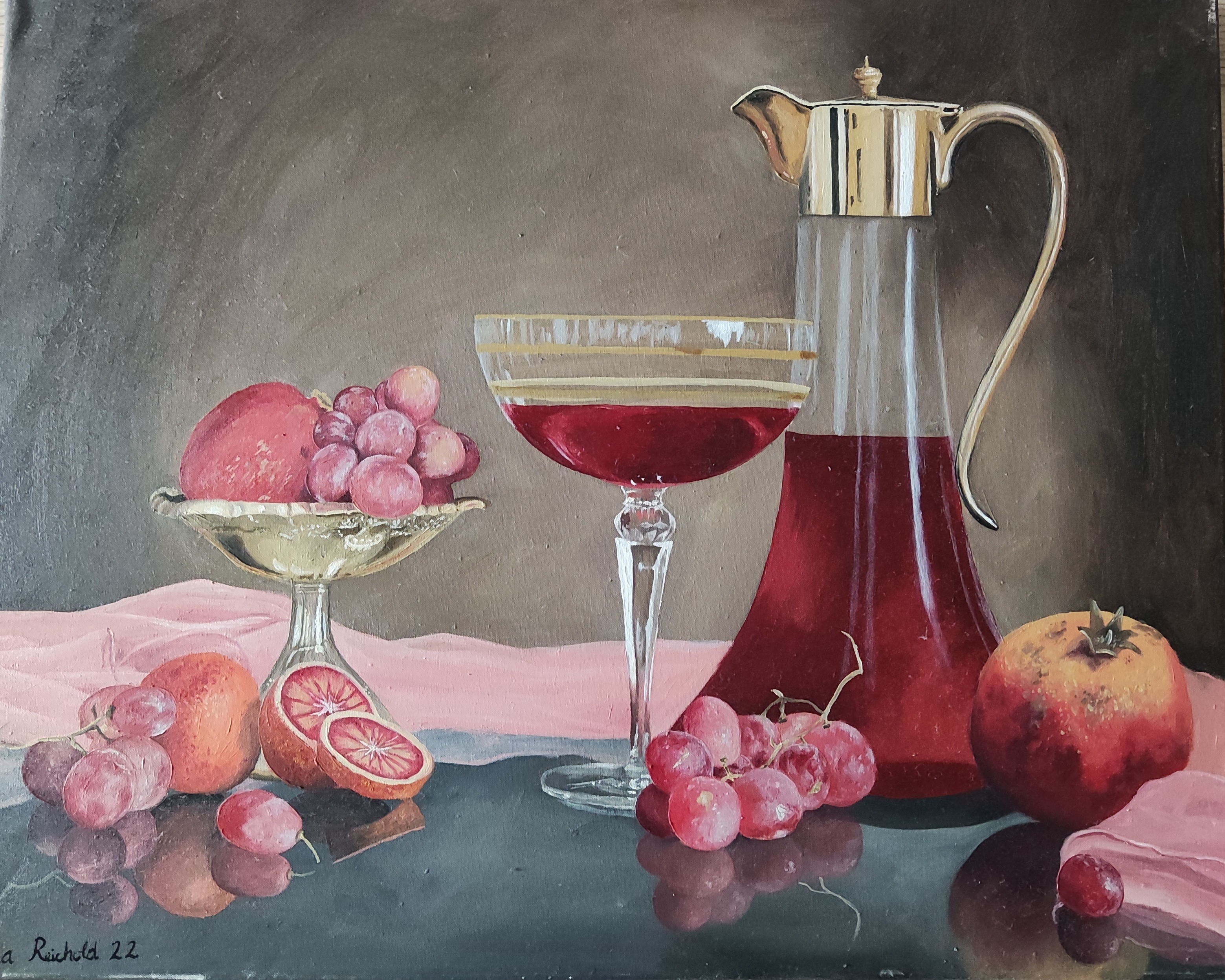 Stillleben Wein Früchte Karaffe Öl Olga Reichold